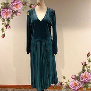 Lands' End Velvet and Satin Midi Dress in evening teal color with plated skirt